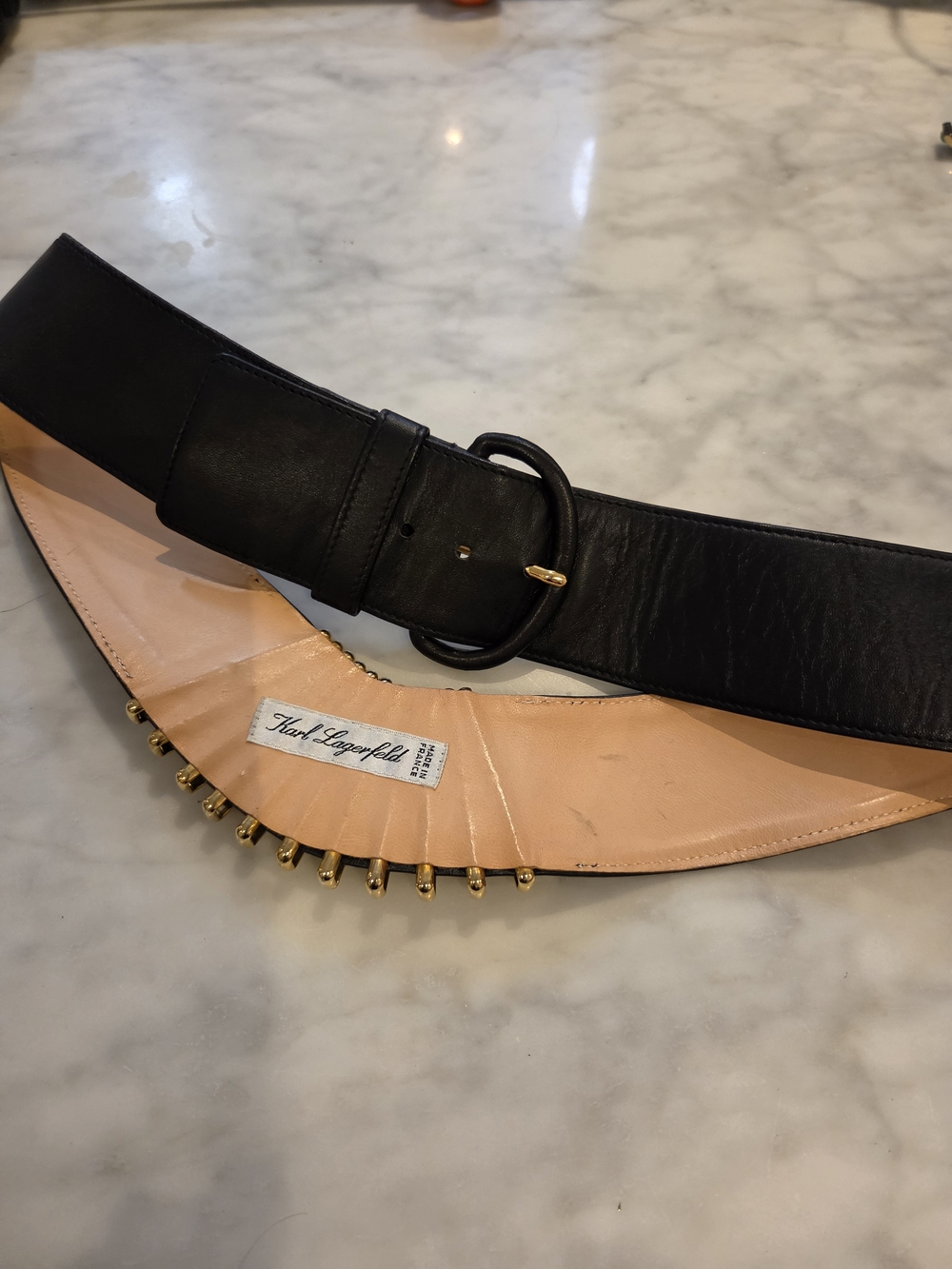 90's Vintage Runway Karl Lagerfeld Leather Wide Belt Gold Stud Trim Size 80